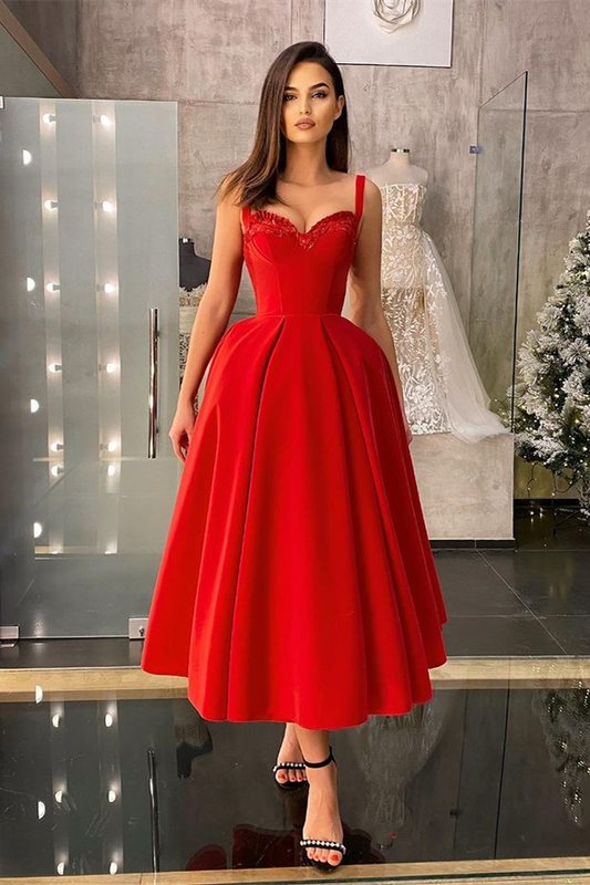 Red Prom Dress Tea-Length Sweetheart With Sequins Straps nv570