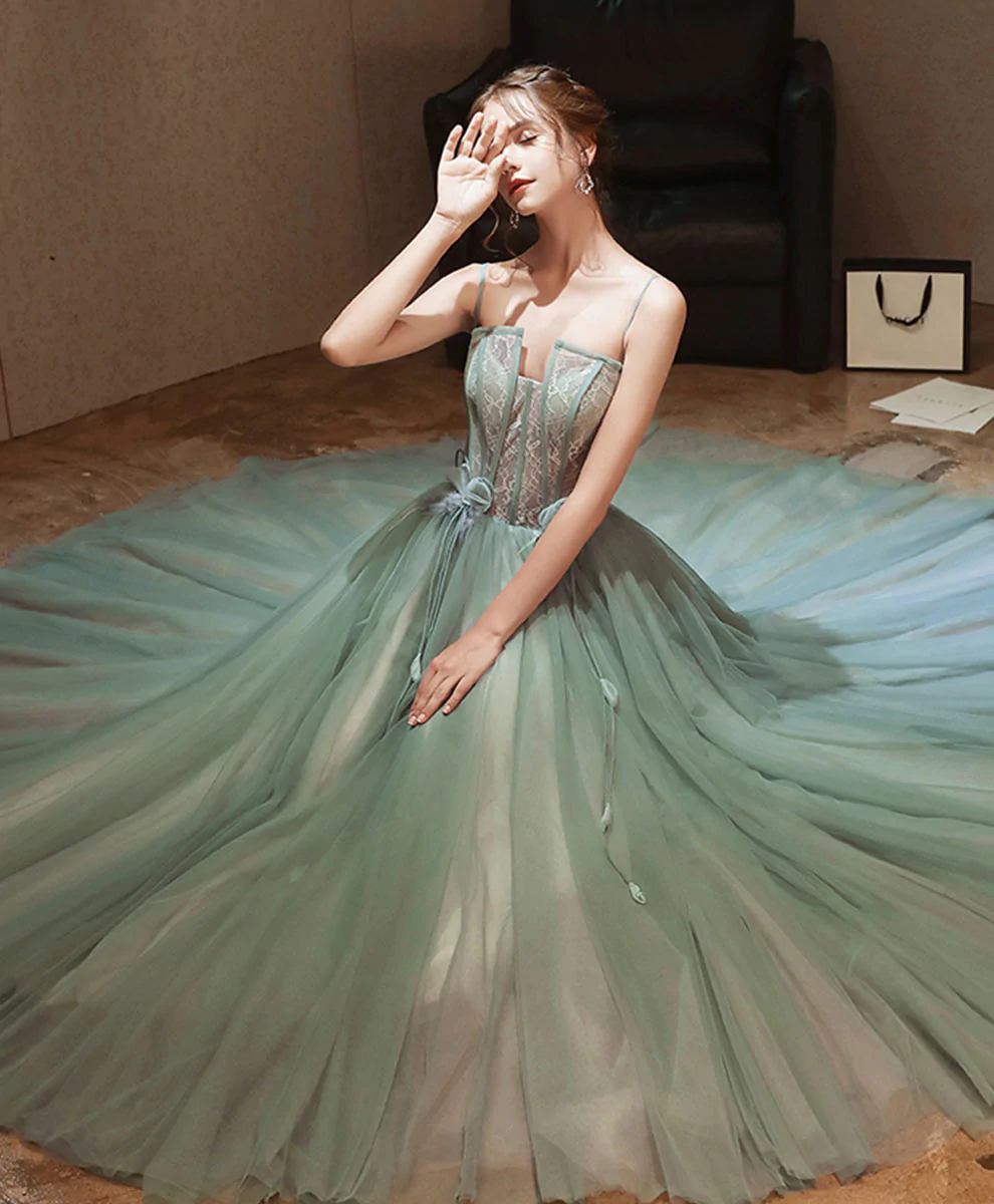 Green Tulle Lace Long Prom Dress Green Lace Tulle Formal Dress nv543