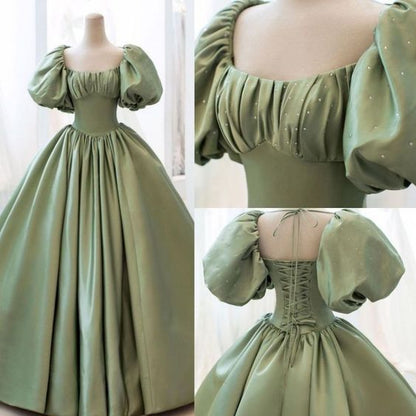 Green sweetheart elegant short sleeve round neck impressive long prom dress evening dress birthday party graduation dress nv74