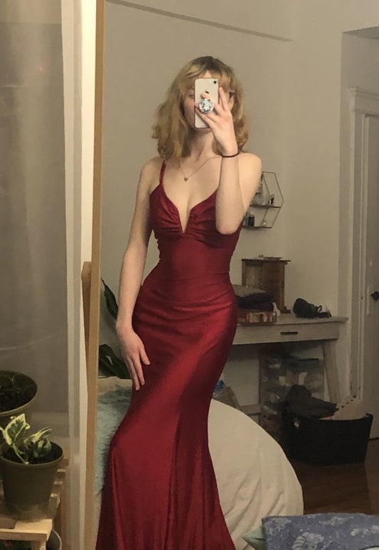 Robe de bal longue en satin bordeaux à col en V et dos croisé nv92