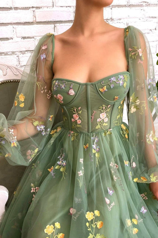 Robe de soirée mi-longue en tulle à fleurs avec appliques vertes élégantes nv76